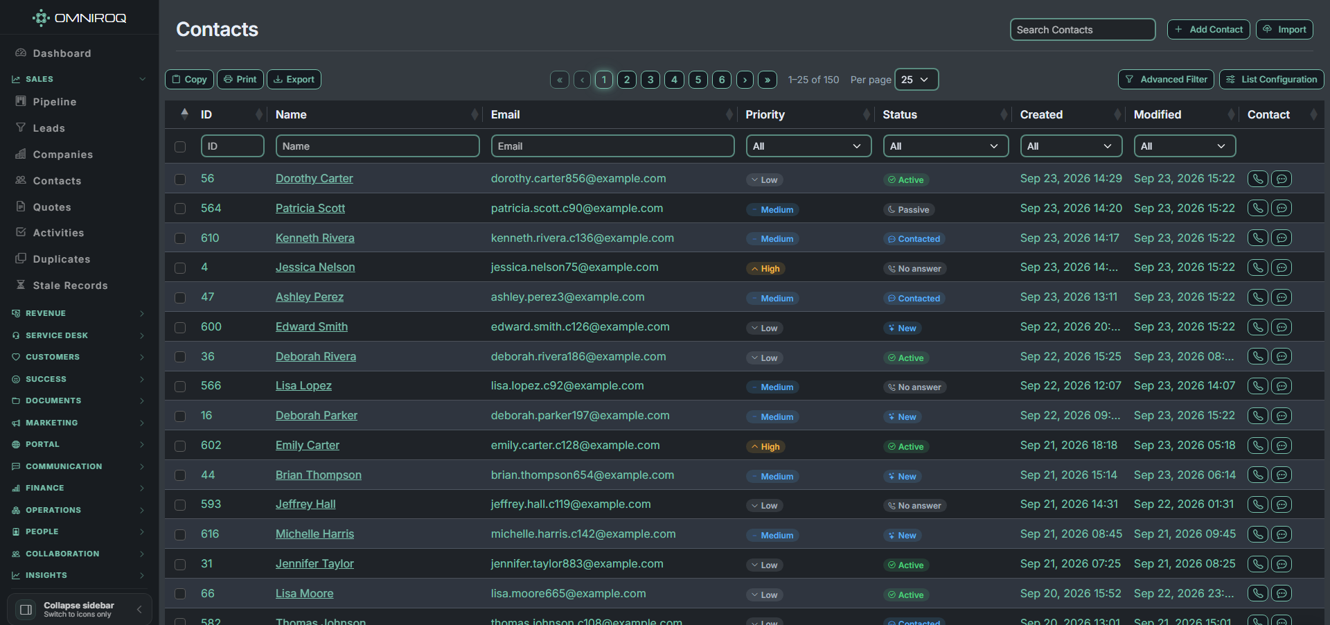 Omniroq contacts list — per-column filters and pagination