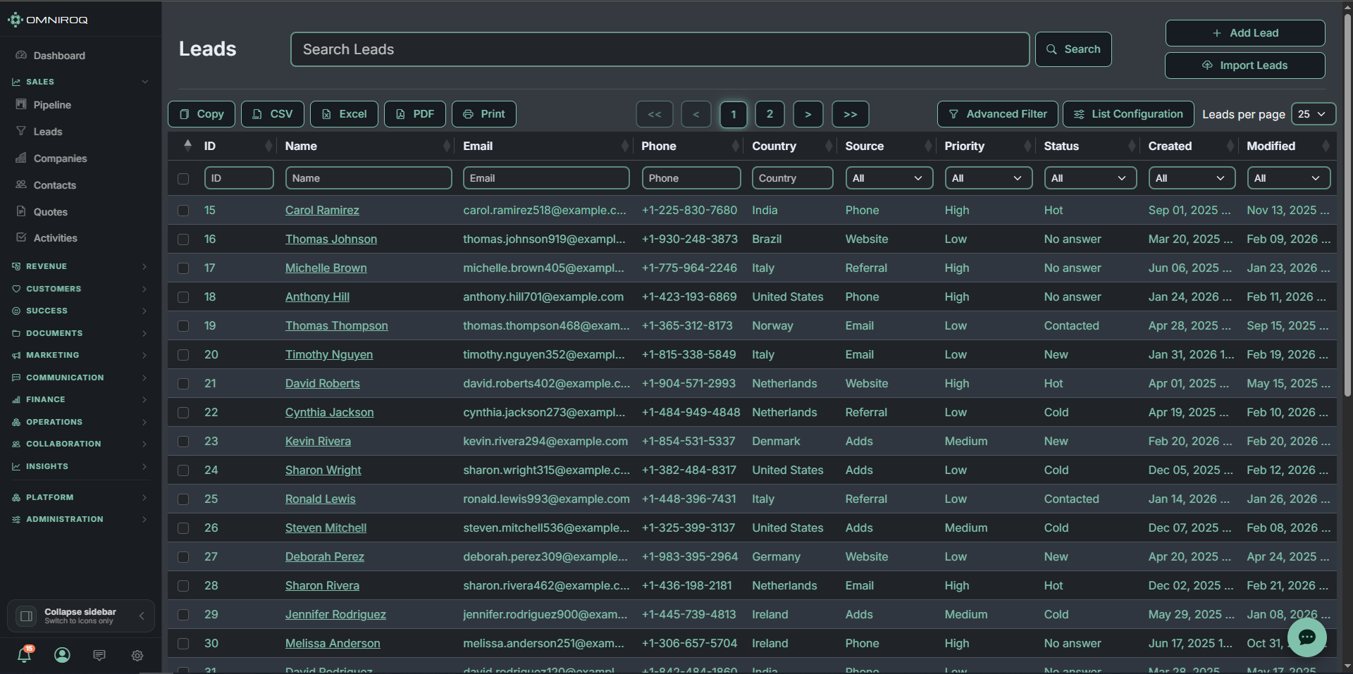 The Omniroq leads table with the advanced filter builder open above a paginated list.